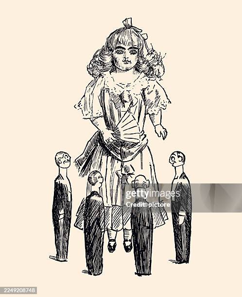 this satirical illustration from 1892 was published with an article on victorian christmas toys. it depicts a large porcelain doll dressed as an elegant "little princess" with her admirers... - art and craft product stock illustrations