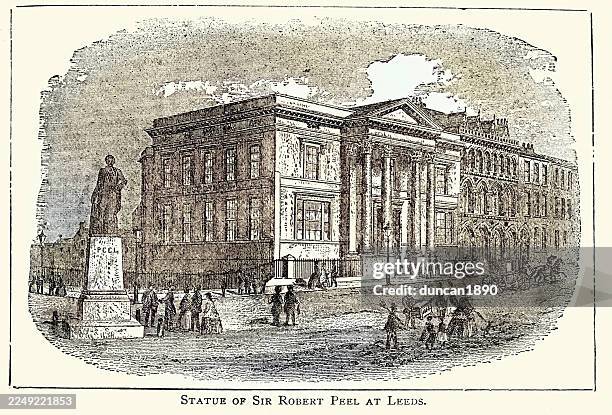 statue of robert peel in city square, leeds, yorkshire, vintage illustration, 19th century, victorian - leeds city art gallery stock illustrations