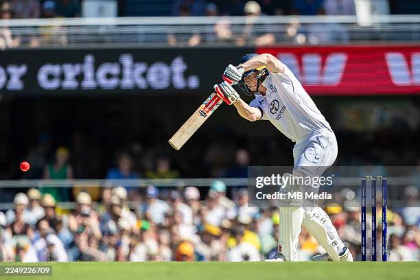 Zak Crawley of England drives the ball during day 1 of the Second 2025/26 Ashes Series Test Match between Australia and England at The Gabba on...