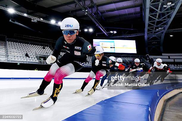 Taiki Shingai of Japan performs in the Mass Start Final Men Juniors during the ISU Junior World Cup Speed Skating at Milano Speed Skating Stadium on...
