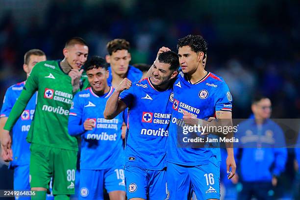 Erik Lira, and Jermy Marquez of Cruz Azul celebrate after the quarterfinals second-leg match between Cruz Azul and Chivas as part of the Torneo...