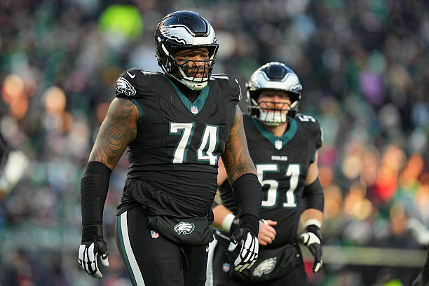 Fred Johnson of the Philadelphia Eagles looks on against the Chicago Bears at Lincoln Financial Field on November 28, 2025 in Philadelphia, United...