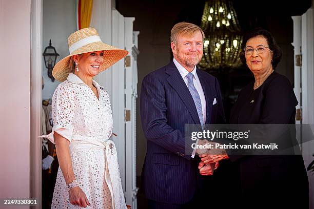 King Willem-Alexander and Queen Maxima of The Netherlands are welcomed by President Jennifer Geerlings-Simons of Suriname with an official welcome...