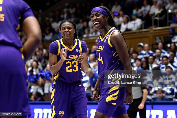 Milaysia Fulwiley and Flau'Jae Johnson of the LSU Tigers react in the first half against the Duke Blue Devils at Cameron Indoor Stadium on December...