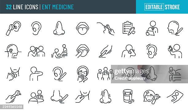 hno-medizin-dünnlinien-icons – editierbarer strich - menschliche nase stock-grafiken, -clipart, -cartoons und -symbole