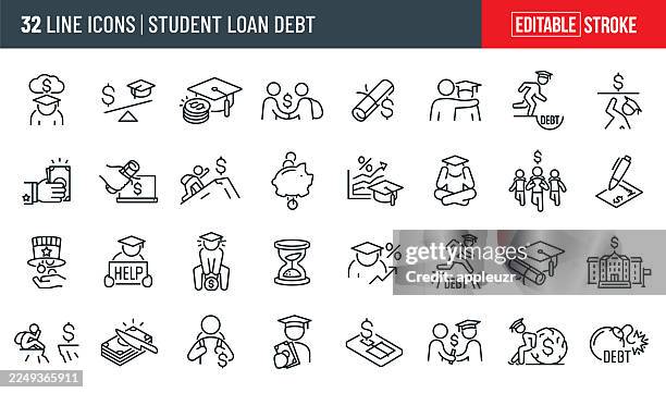 ilustraciones, imágenes clip art, dibujos animados e iconos de stock de iconos de línea delgada de deuda de préstamos estudiantiles - trazo editable - pago de matrícula