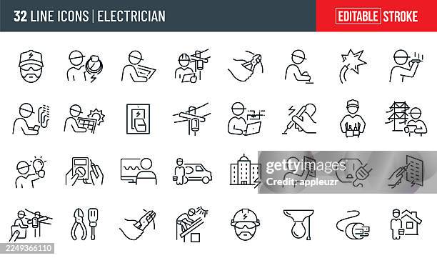 electrician thin line icons - editable stroke - cable installation stock illustrations