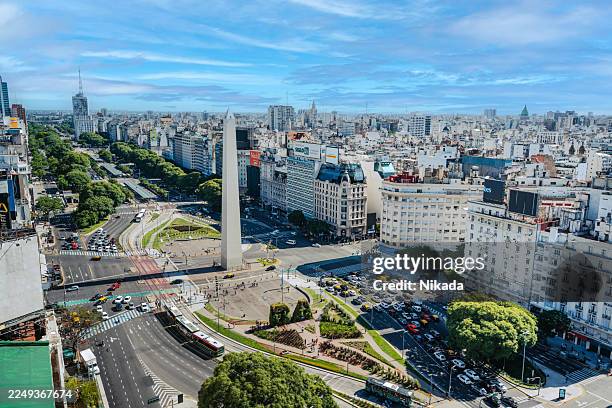 buenos aires cityscape with obelisk and park - buenos aires stockfoto's en -beelden