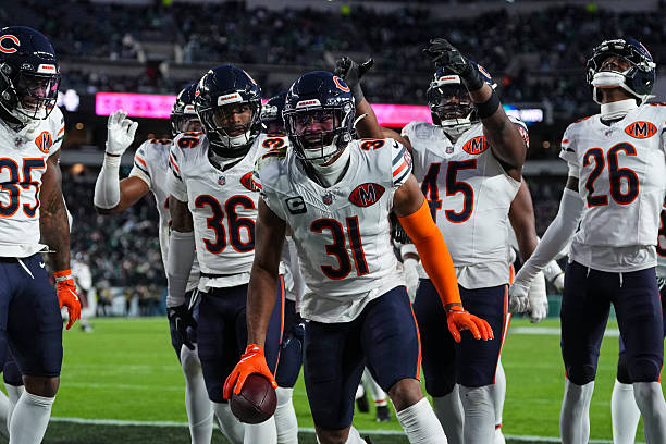 Kevin Byard III of the Chicago Bears celebrates during an NFL football game against the Philadelphia Eagles at Lincoln Financial Field on November...
