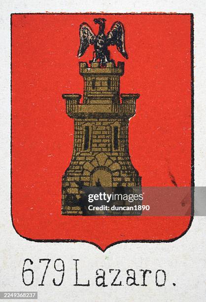 ilustraciones, imágenes clip art, dibujos animados e iconos de stock de heráldica medieval, escudo de armas, escudo con, águila, oro, castillo, negro, dragón, rojo, español, ilustración vintage - arte decorativo