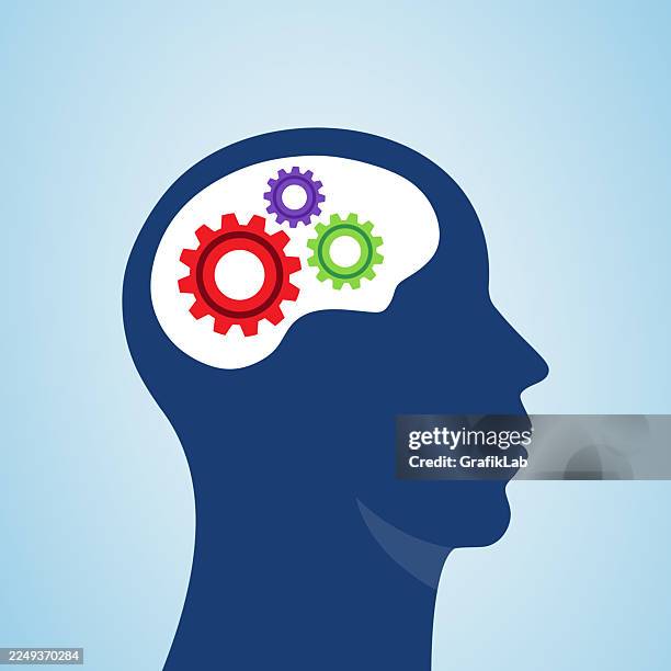 creative thinking process colorful gears working mind - computer programmer team stock illustrations