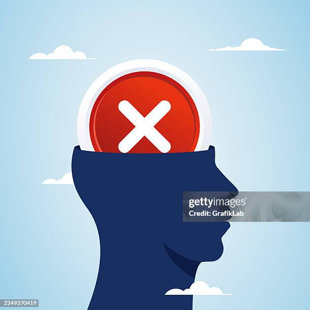 error rejection red cross mark inside human head silhouette - limited thinking stock illustrations