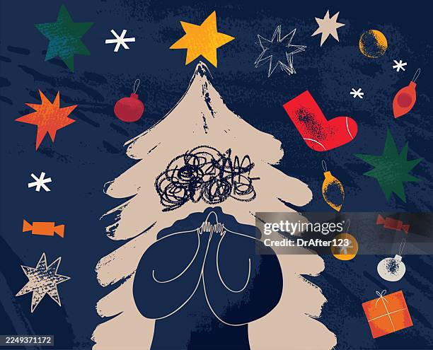 seasonal pressures and emotional challenges - sad christmas tree stock illustrations