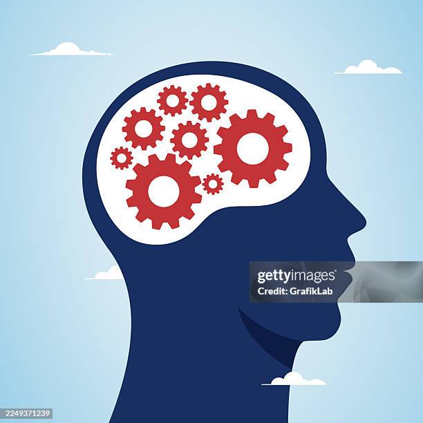 mechanical thought pattern logic red gears brain silhouette - digital mindset stock illustrations