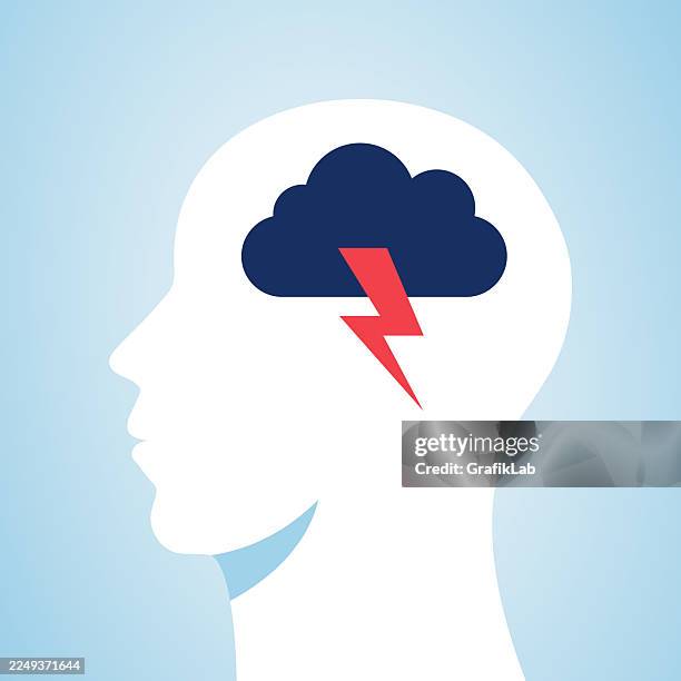 illustrazioni stock, clip art, cartoni animati e icone di tendenza di tempesta mentale, depressione, fulmine dentro la sagoma della testa umana - epilessia