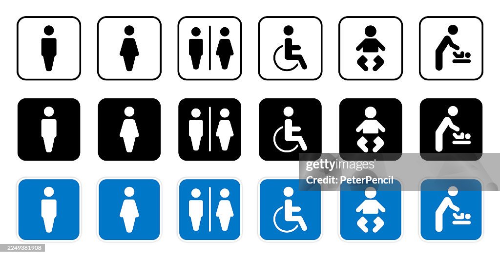 WC Toilet Vector Signs. Vector icon set of restroom and facility signs: male, female, unisex, accessibility, baby, and baby-changing symbols in outline, solid, and blue sign styles.