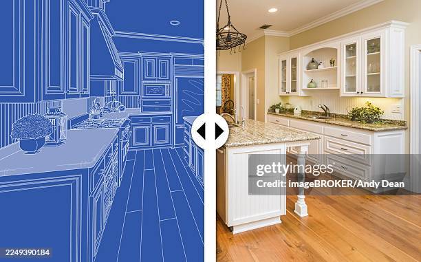 before and after slider comparing blueprint sketch drawing plans and completed custom kitchen - void property stock illustrations