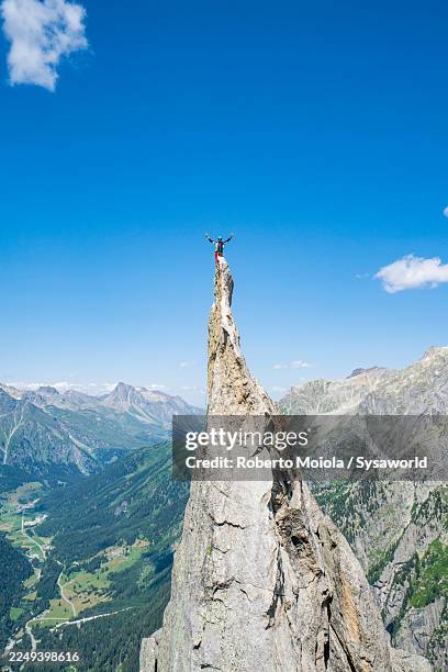 mountaineer celebrating on top of a rock pinnacle - free climbing stock pictures, royalty-free photos & images
