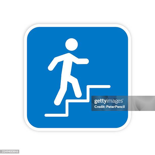 vector walking upstairs icon inside a blue rounded square. clean solid design for navigation and stair access points. - upstairs stock illustrations