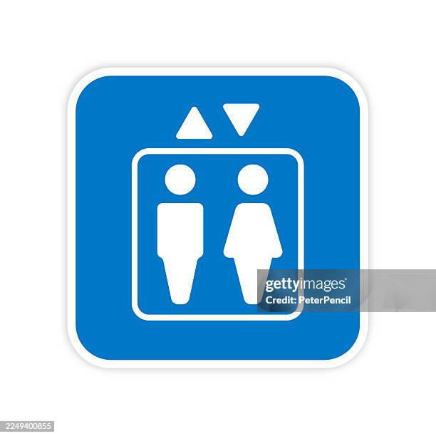 vector elevator icon with male and female silhouettes inside a blue rounded square. clean solid symbol for lifts and navigation. - empty elevator stock illustrations