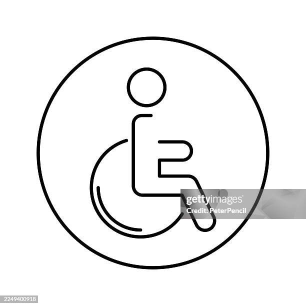ilustraciones, imágenes clip art, dibujos animados e iconos de stock de símbolo vectorial de accesibilidad en silla de ruedas dentro de un círculo. estilo de contorno mínimo para la señalización de instalaciones públicas. - símbolo internacional de accesibilidad