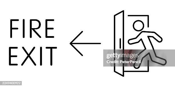 vector fire exit icon with left arrow and running figure. minimal outline emergency sign. - fire exit stock illustrations