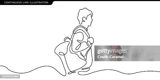 student walking with backpack continuous line art - single line drawing man stock illustrations