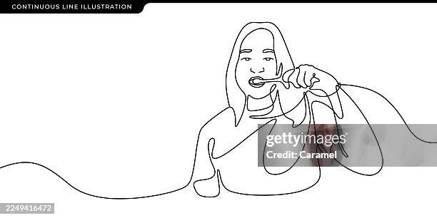 woman brushing teeth continuous line sketch - brush teeth stock illustrations