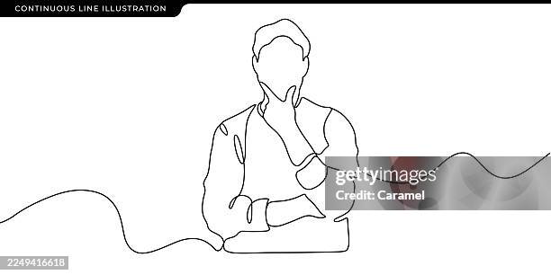 man pondering with hand on chin continuous line illustration - continuous line drawing stock illustrations