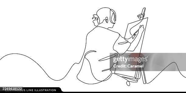 ilustraciones, imágenes clip art, dibujos animados e iconos de stock de dibujo lineal continuo de un artista pintando en un caballete - caballete equipo de arte y artesanía