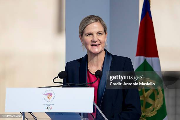 International Olympic Committee president Kirsty Coventry delivers her speech during the Inauguration ceremony of the Olympic Torch Relay for the...