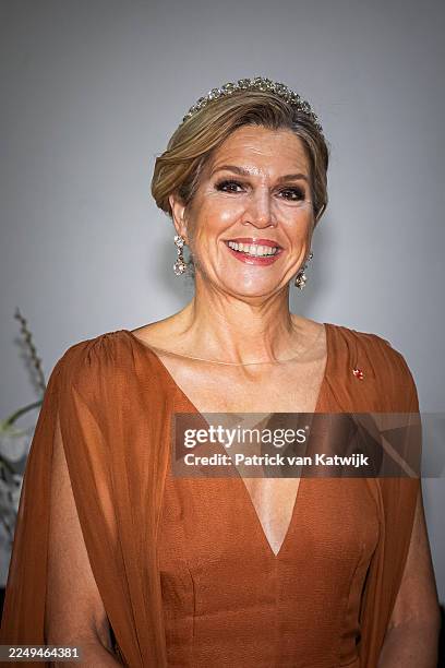 Queen Maxima of The Netherlands during a state banquet offered by President Jennifer Geerlings-Simons of Suriname at the Prince Ballroom on December...