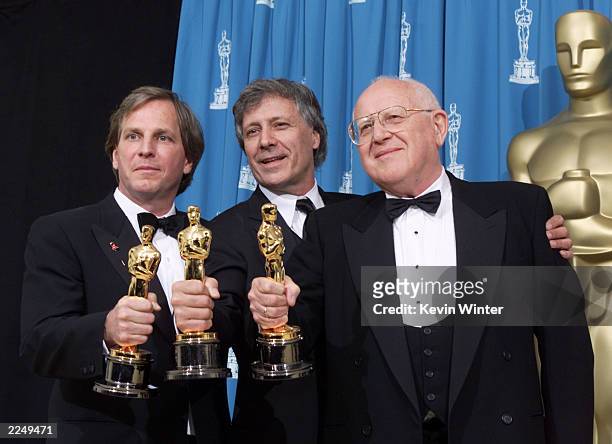 Douglas Wick, David Franzoni and Branko Lustig, left to right, backstage with Oscars for Best Picture of the Year for 'Gladiator,' at the 73rd Annual...