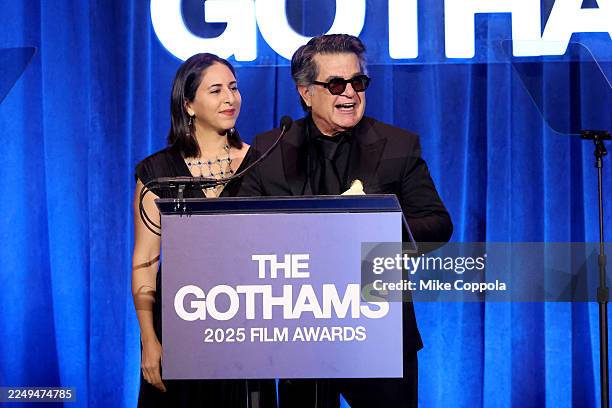 Sheida Dayani and Jafar Panahi accept the Best Original Screenplay award for "It Was Just an Accident" during The Gotham Awards at Cipriani Wall...