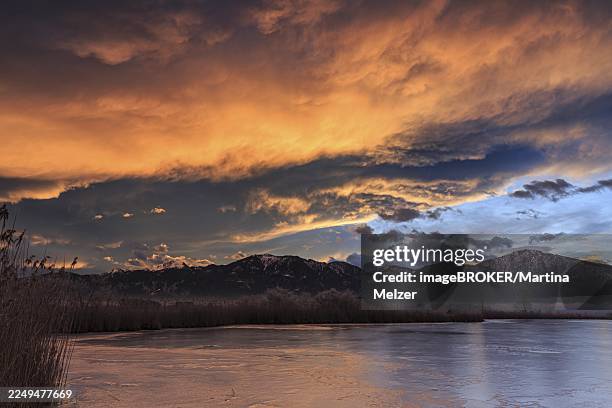 dawn, clouds over a lake in front of mountains, winter, riegsee, near murnau, bavaria, germany - riegsee stock-fotos und bilder