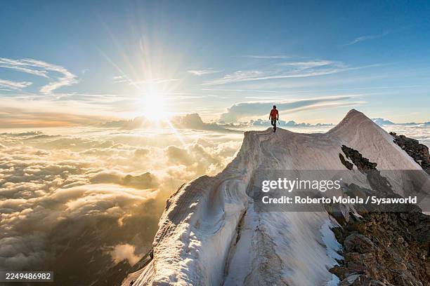 alpinist on cresta signal at dawn, monte rosa - alpinista esportivo - fotografias e filmes do acervo