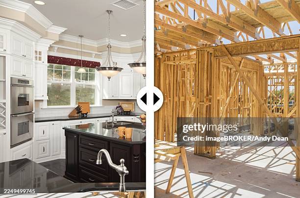 before and after slider comparing wood framing construction and completed custom kitchen - room before and after stock illustrations