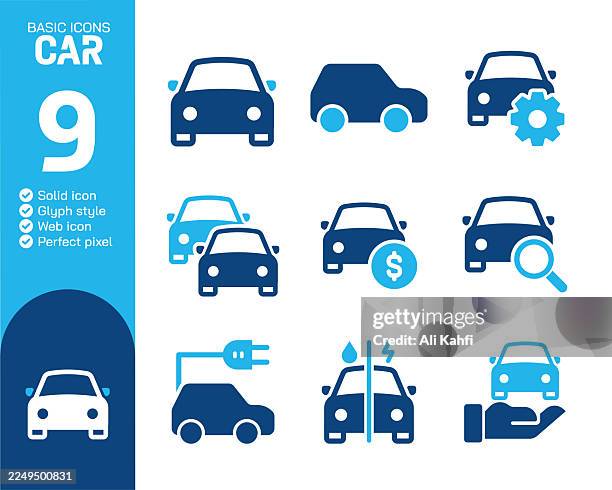 car glyph solid icons collection. vector illustration. basic icon for website design, logo, app, template, ui, infographic etc - car dealership stock illustrations