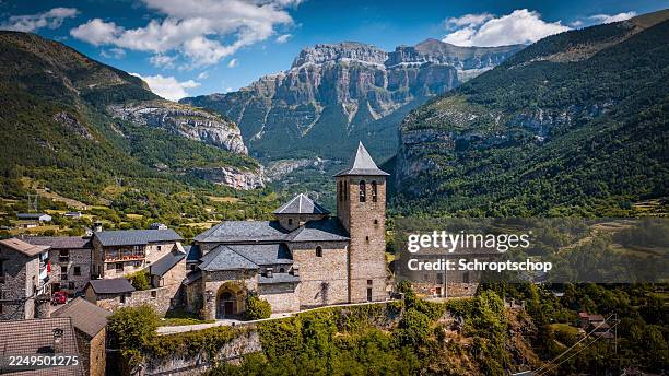 torla and monte perdido massif, spanish pyrenees - aerial view - pyrenees stock pictures, royalty-free photos & images