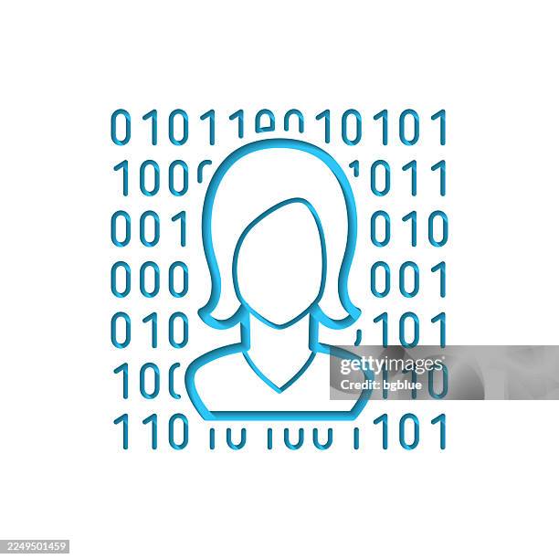 ilustraciones, imágenes clip art, dibujos animados e iconos de stock de cara femenina con código binario. icono recortado en papel blanco con fondo azul - byte
