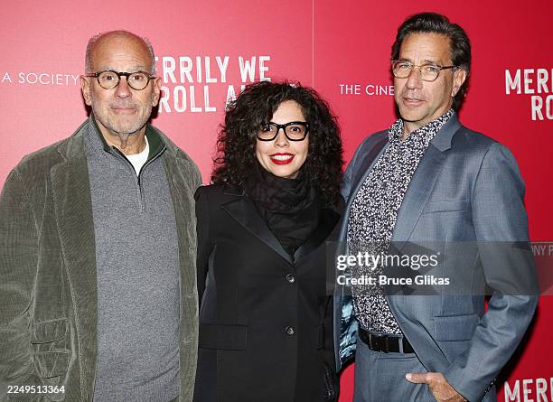 Jon Kamen, Karla Zambrano and Dave Sirulnick pose at the NYC screening for the new film based on the Broadway musical by Stephen Sondheim "Merrily We...