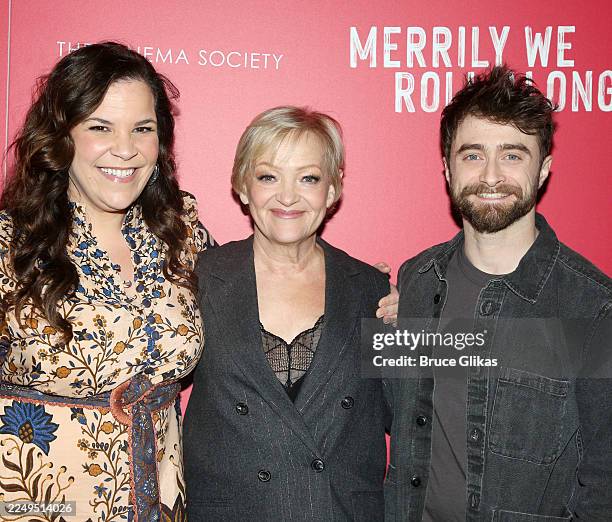 Lindsay Mendez, Director Maria Friedman and Daniel Radcliffe pose during the NYC screening for the film "Merrily We Roll Along," based on the...
