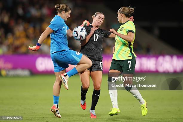 Teagan Micah of the Matildas makes a save againt Gabi Rennie of the NZ Ferns with the help of Steph Catley of the Matildas during the International...