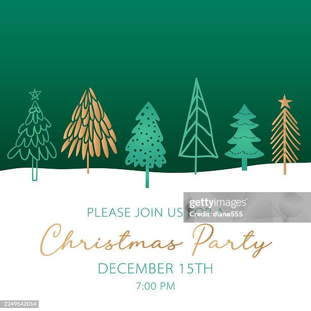 christmas background template with a deep green sky and trees on a snowy base - emerald green and gold stock illustrations