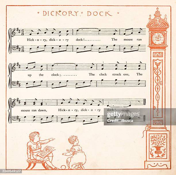 19th century nursery rhyme illustration: dickory dock - antique clock stock illustrations