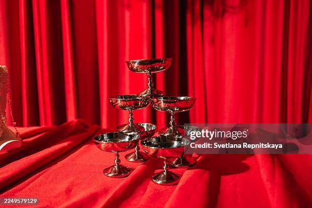 champagne coupe tower stack for luxury celebration event - awards dinners stock pictures, royalty-free photos & images