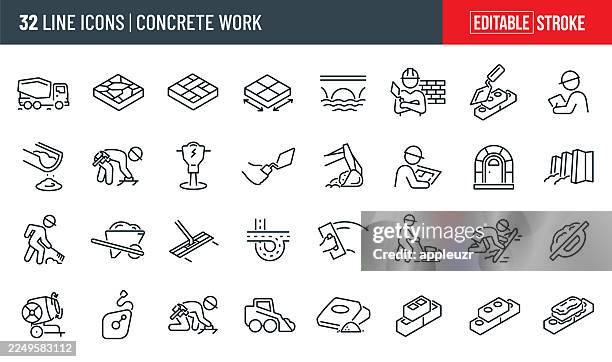concrete work line icons - editable stroke - paving stone stock illustrations
