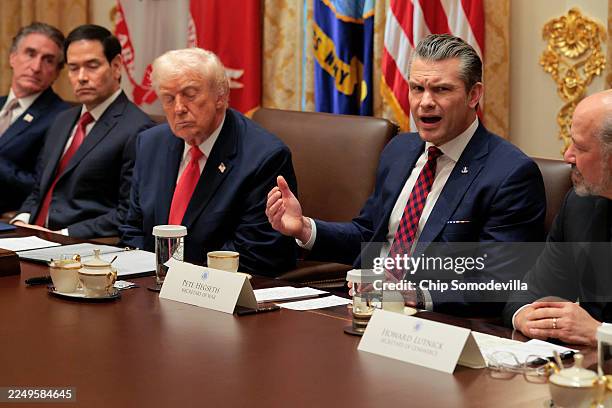 Secretary of War Pete Hegseth speaks alongside U.S. Interior Secretary Doug Burgum, U.S. Secretary of State Marco Rubio, U.S. President Donald Trump...
