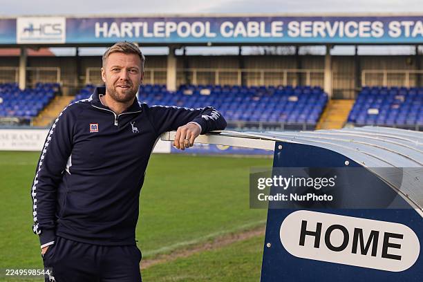 Nicky Featherstone is unveiled as the Hartlepool United Manager at Victoria Park in Hartlepool, United Kingdom, on December 5, 2025.