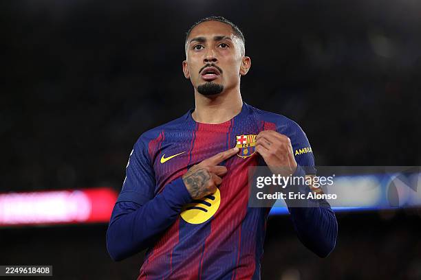 Raphinha of FC Barcelona celebrates scoring his team's first goal during the LaLiga EA Sports match between FC Barcelona and Atletico de Madrid at...